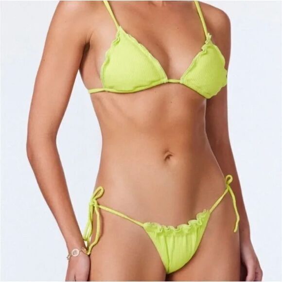 New! Set! It's Now Cool x Free People the frill tri eco neon lime rib‎ bikini, S - Picture 6 of 16